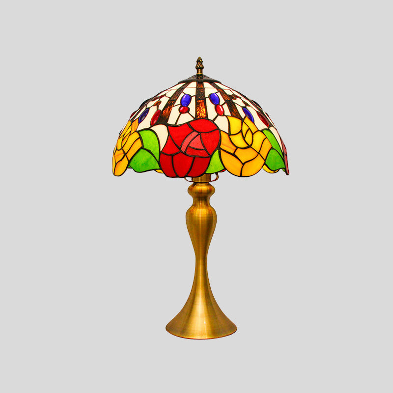 Domed Night Lighting Tiffany Style Stained Glass 1 Head Gold Flower Patterned Nightstand Lamp