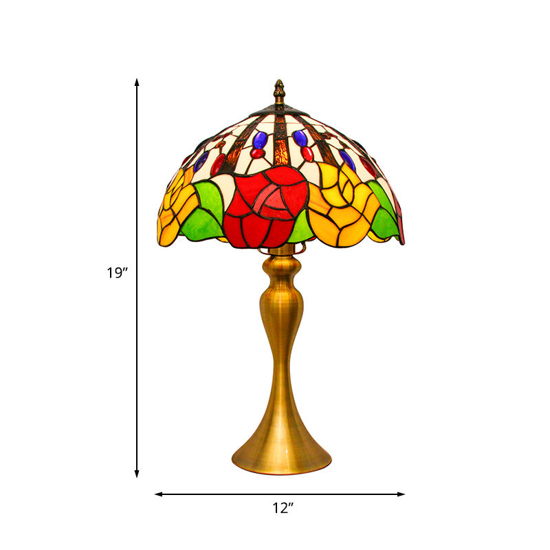 Domed Night Lighting Tiffany Style Stained Glass 1 Head Gold Flower Patterned Nightstand Lamp