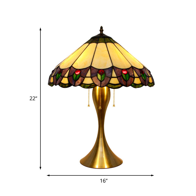 Conic Nightstand Light 3-Head Stained Glass Tiffany Peacock Tail Patterned Table Lighting in Gold with Pull Chain