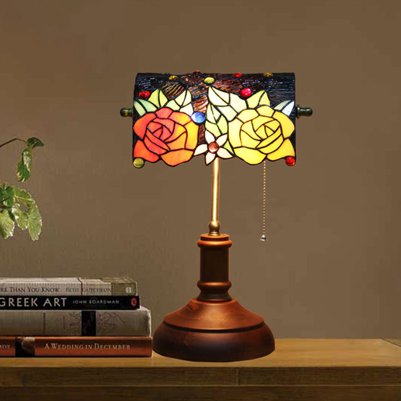 1 Light Table Lamp Baroque Rose Stained Art Glass Pull Chain Night Lighting in Dark Brown