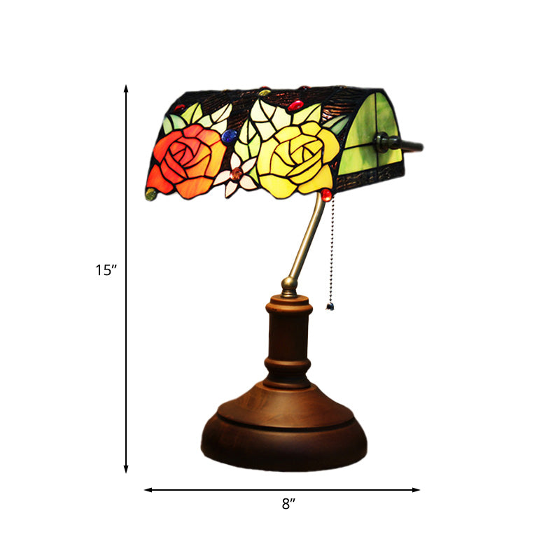 1 Light Table Lamp Baroque Rose Stained Art Glass Pull Chain Night Lighting in Dark Brown