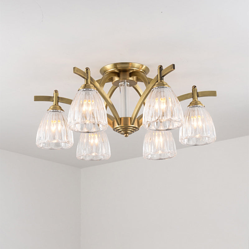 Clear Glass Cone Semi Flush Vintage 6 Bulbs Dining Room Close to Ceiling Lamp in Brass