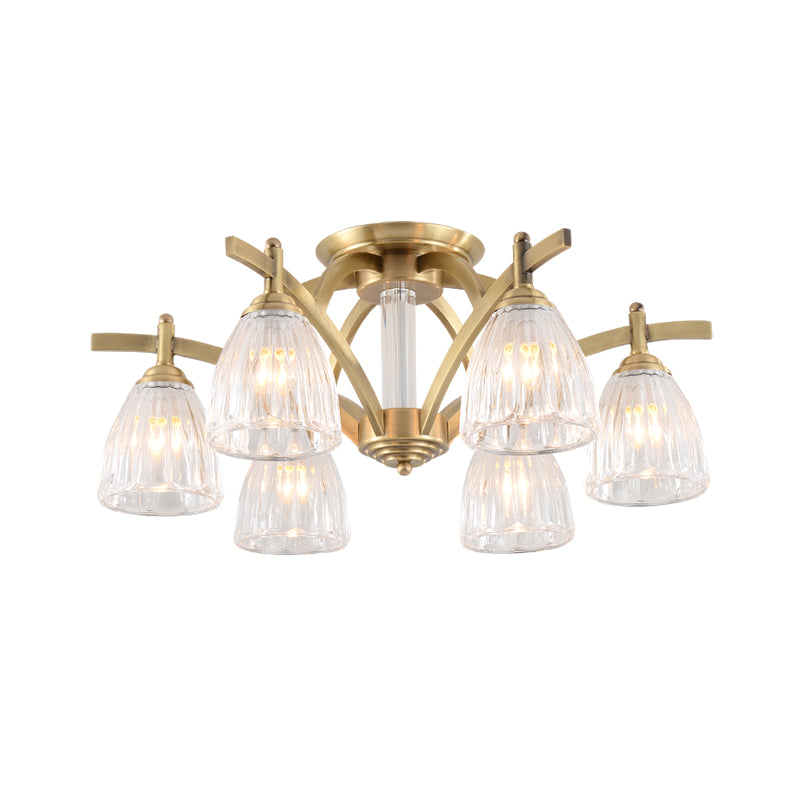 Clear Glass Cone Semi Flush Vintage 6 Bulbs Dining Room Close to Ceiling Lamp in Brass