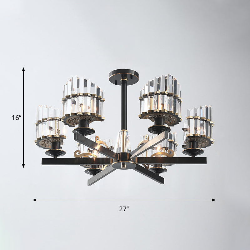 Minimalisme Starburst plafond rince 6 têtes k9 cristal semi-luminaire à montage en noir