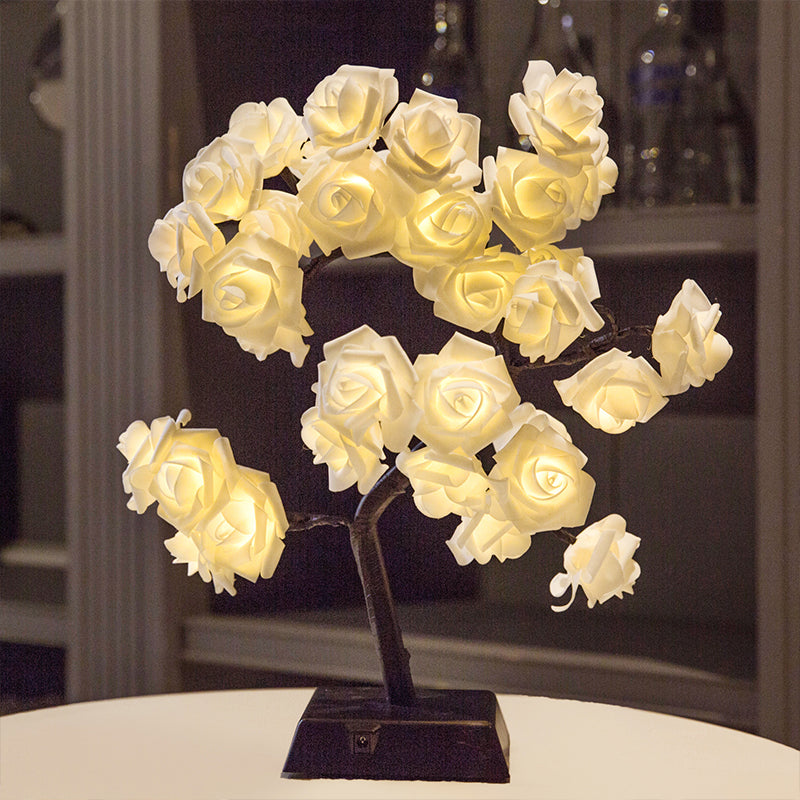 Plastic White Rose Night Table Light Art Deco LED Black Nightstand Lighting for Restaurant