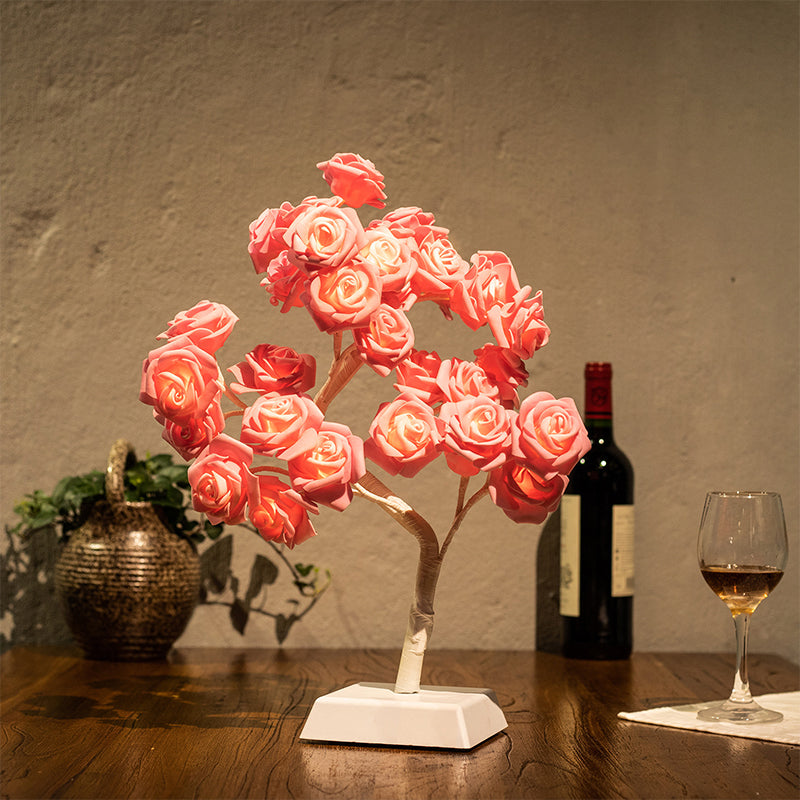 Pink Rose Night Lamp Art Deco LED Plastic Table Light with Branch Design for Restaurant