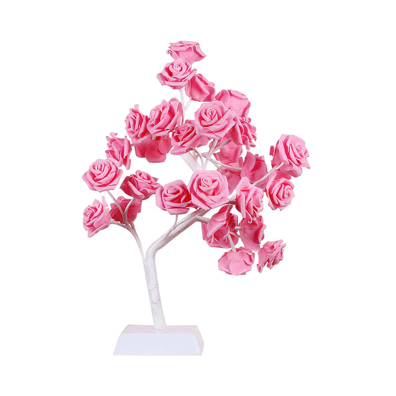 Pink Rose Night Lamp Art Deco LED Plastic Table Light with Branch Design for Restaurant