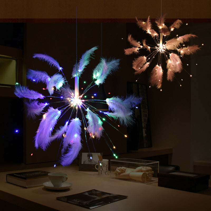 Creative Firework Night Table Lamp Feather Bedroom Battery/USB LED Desk Light in Pink, Warm/Multi-Color Light