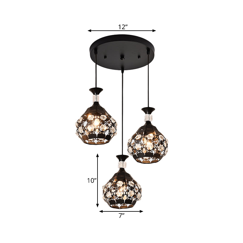 Black Hollow Out Floret Multi-Pendant Modernisme 3 Lumières Crystal Embedded Suspension Lampe