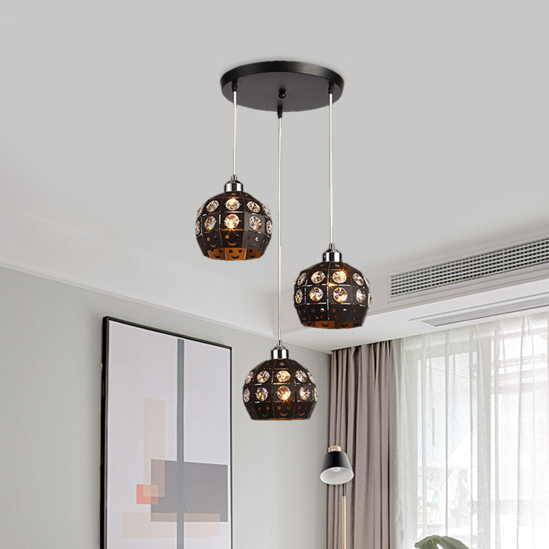 Dome Dining Room Suspension Light Crystal Embedded 3 Heads Modernist Multi Pendant Lamp Fixture in Black