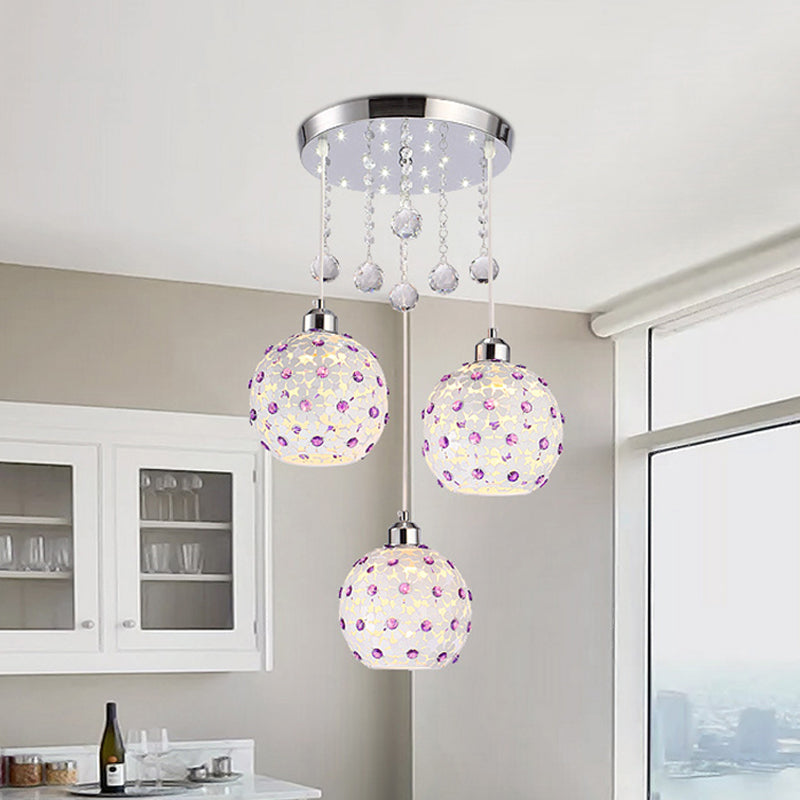 Sphere Multi-Pendant Modern Iron 3 LIXS BLANC FINE FINE PLAFIER PLAQUE ALIMENTATION AVEC DÉCOR DE PIRES DE CRISTAL PURPLE