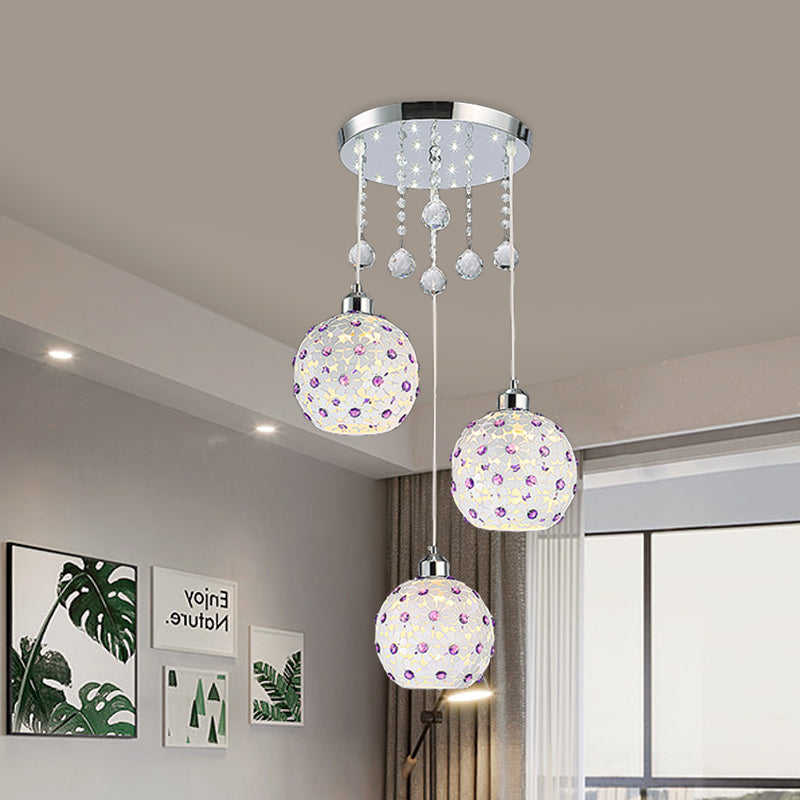 Sphere Multi-Pendant Modern Iron 3 LIXS BLANC FINE FINE PLAFIER PLAQUE ALIMENTATION AVEC DÉCOR DE PIRES DE CRISTAL PURPLE