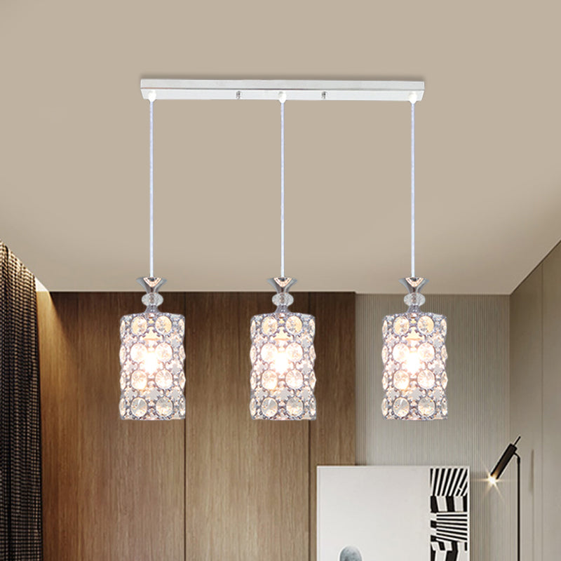 3 Lights Restaurant Hanging Ceiling Lamp Modern Silver Cluster Pendant with Cylinder Crystal Encrusted Shade