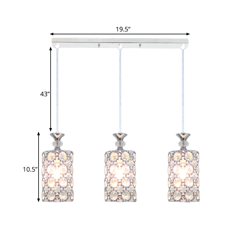 3 Lights Restaurant Hanging Ceiling Lamp Modern Silver Cluster Pendant with Cylinder Crystal Encrusted Shade