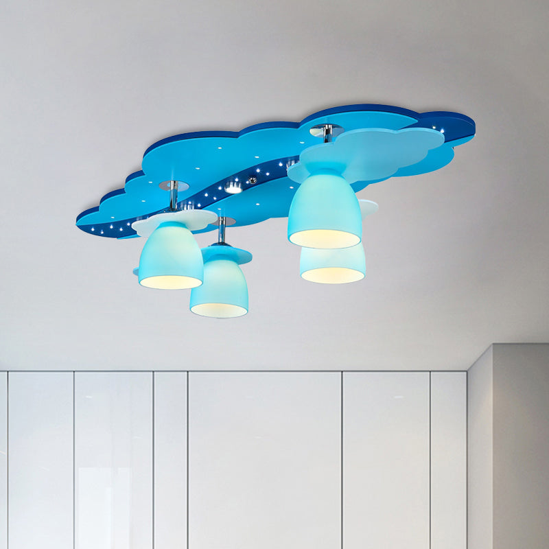 Wooden Cloud Semi Flush Mount Cartoon 4 Bulbs Ceiling Light with Dome Blue Glass Shade