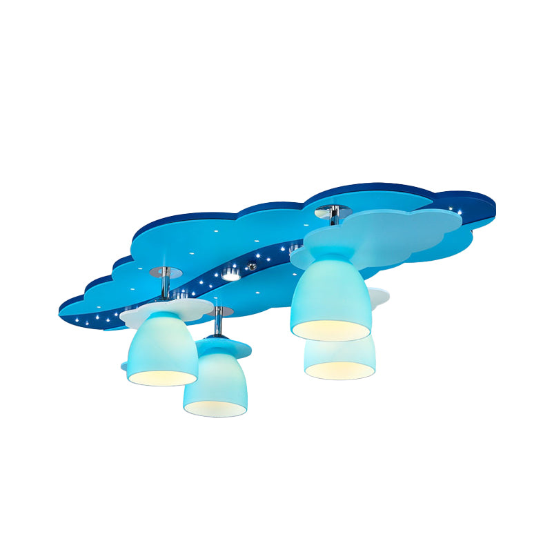 Houten wolken semi -spoeling mount cartoon 4 lampen plafondlicht met koepelblauwe glazen tint