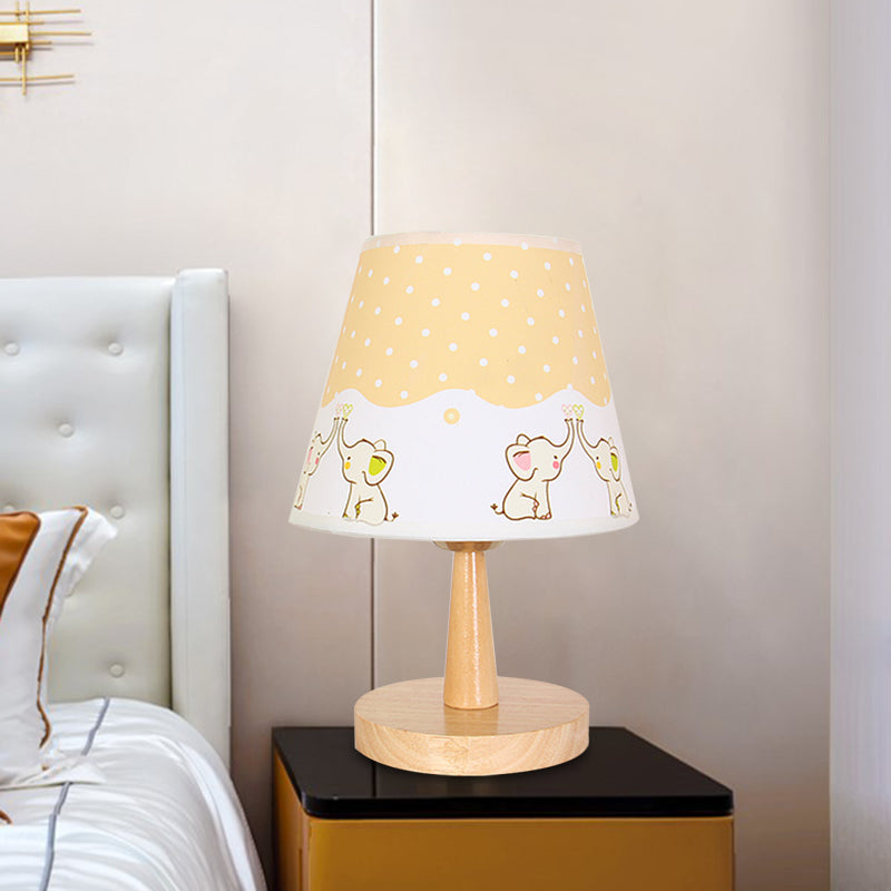 Fabric Conical Table Lamp Cartoon 1 Head Wood Nightstand Light with Airplane/Elephant/Bear Pattern for Bedroom