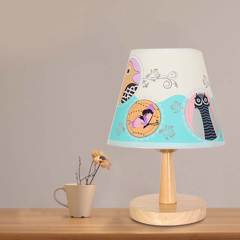 Fabric Conical Table Lamp Cartoon 1 Head Wood Nightstand Light with Airplane/Elephant/Bear Pattern for Bedroom