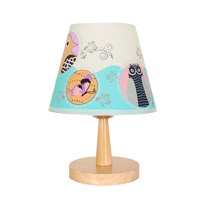 Fabric Conical Table Lamp Cartoon 1 Head Wood Nightstand Light with Airplane/Elephant/Bear Pattern for Bedroom