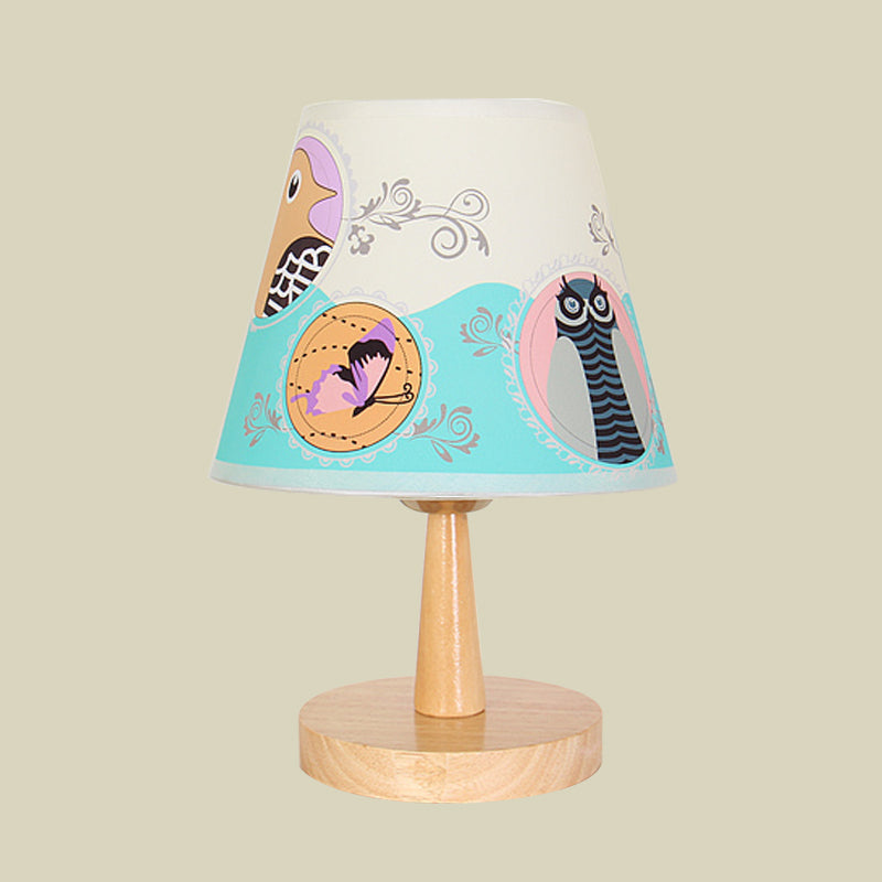 Fabric Conical Table Lamp Cartoon 1 Head Wood Nightstand Light with Airplane/Elephant/Bear Pattern for Bedroom