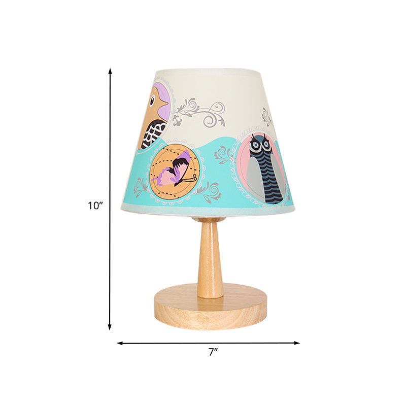 Fabric Conical Table Lamp Cartoon 1 Head Wood Nightstand Light with Airplane/Elephant/Bear Pattern for Bedroom