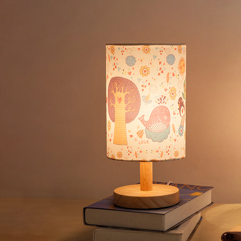 Wood Cylinder Night Table Lamp Kids 1 Head Fabric Nightstand Light with Tree and Flower Pattern