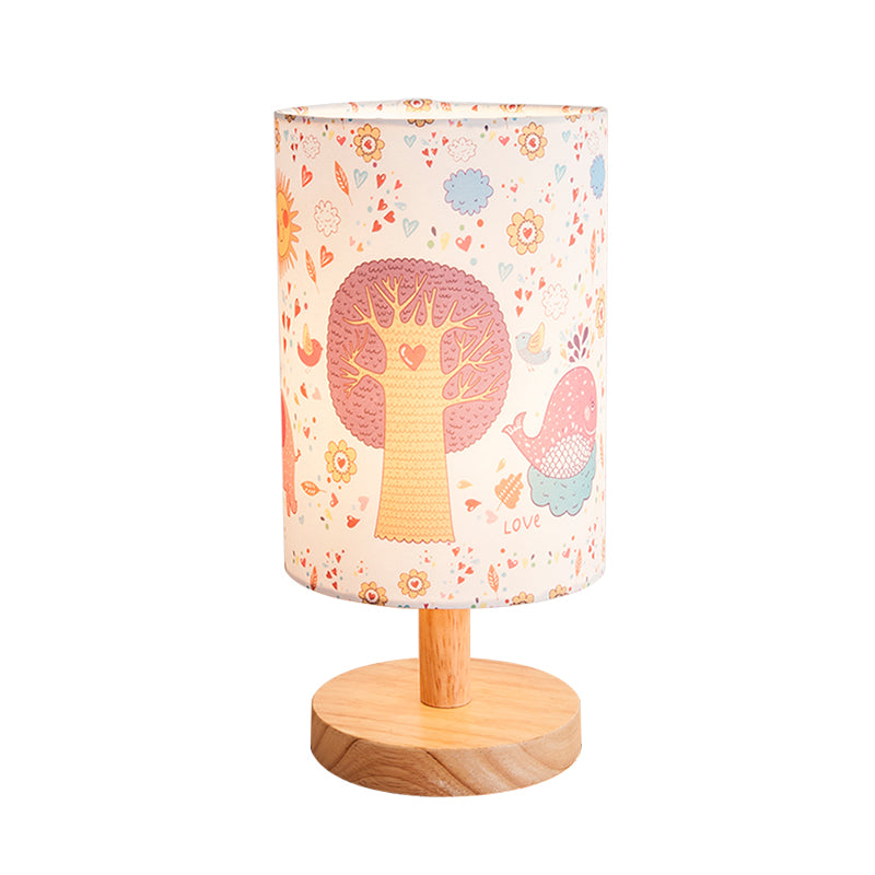 Wood Cylinder Night Table Lamp Kids 1 Head Fabric Nightstand Light with Tree and Flower Pattern