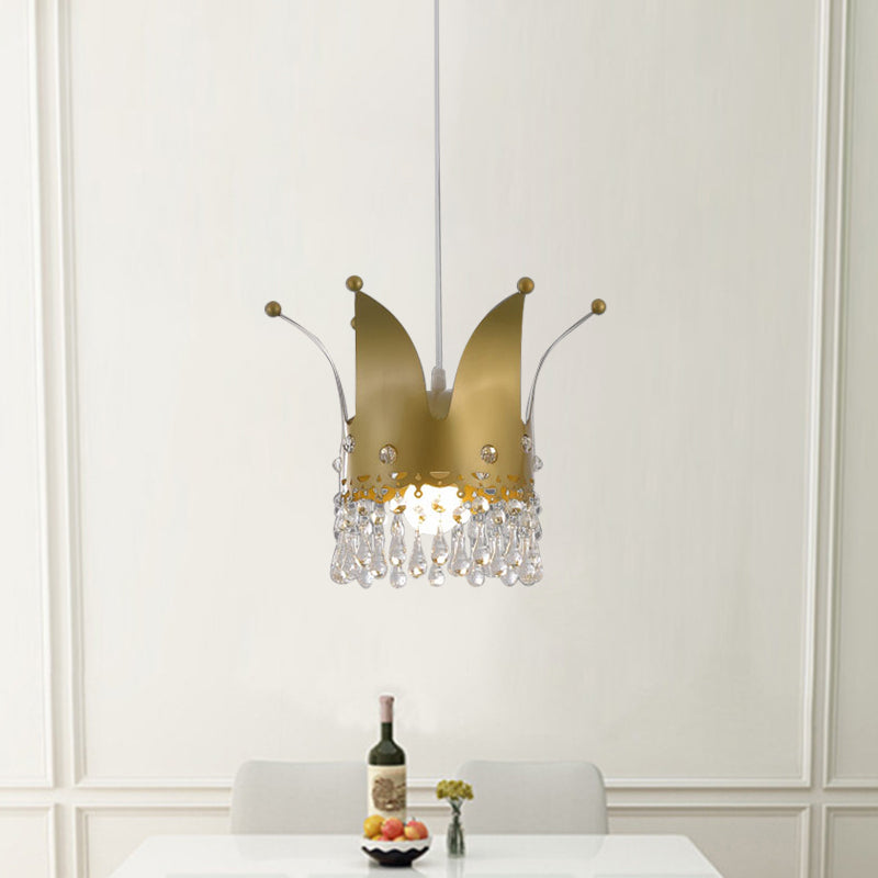 Modernist Crown Down Lighting Iron 1 Bulb Bedroom Hanging Lamp in Gold with Crystal Drop