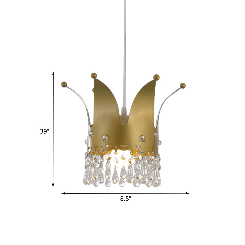 Modernist Crown Down Lighting Iron 1 Bulb Bedroom Hanging Lamp in Gold with Crystal Drop