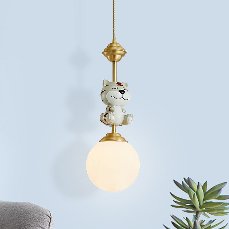 Gold Cow/Tiger Suspension Light Cartoon 1 Bulb Resin Ceiling Pendant with Global White Glass Shade