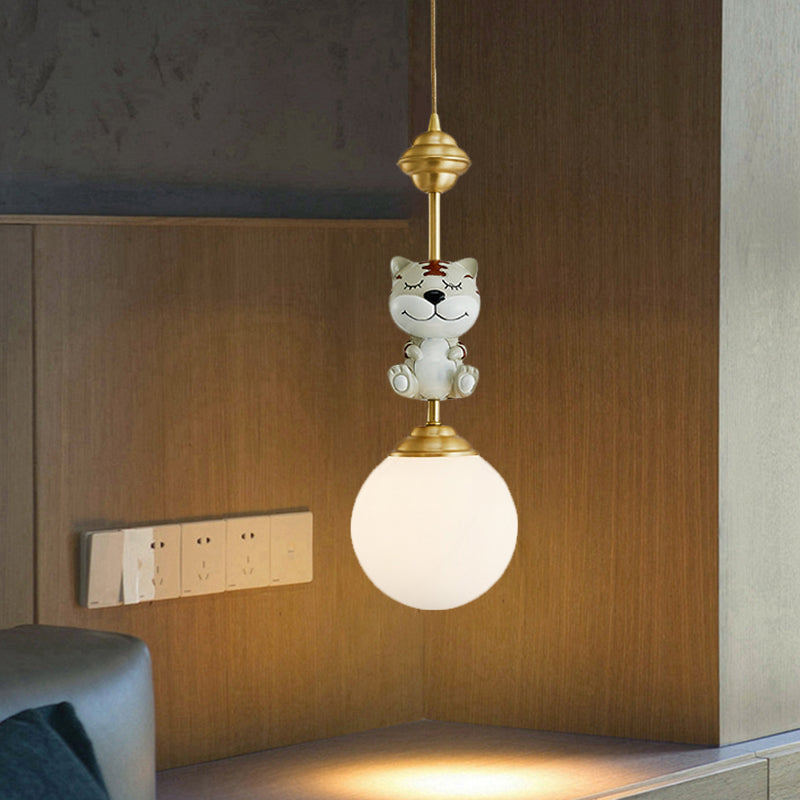 Gold Cow/Tiger Suspension Light Cartoon 1 Bulb Resin Ceiling Pendant with Global White Glass Shade