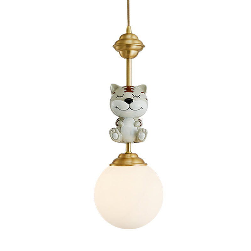 Gold Cow/Tiger Suspension Light Cartoon 1 Bulb Resin Ceiling Pendant with Global White Glass Shade