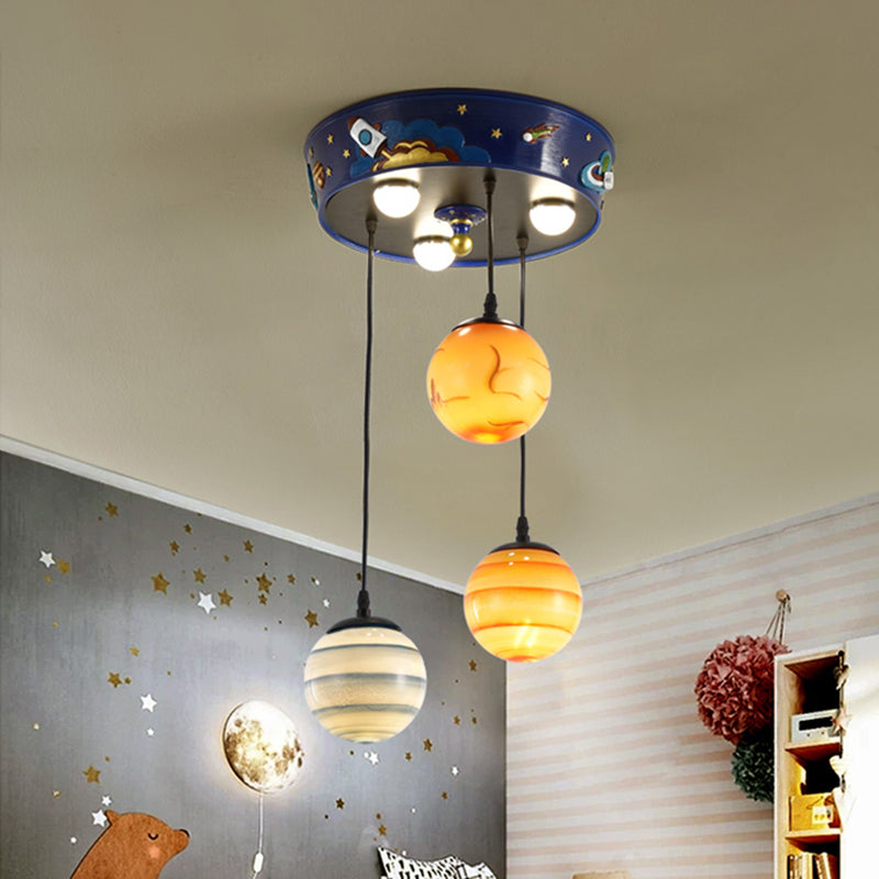 Kids 3-Bulb Cluster Pendant Blue Planet Hanging Ceiling Light with Frosted Glass Shade for Nursery