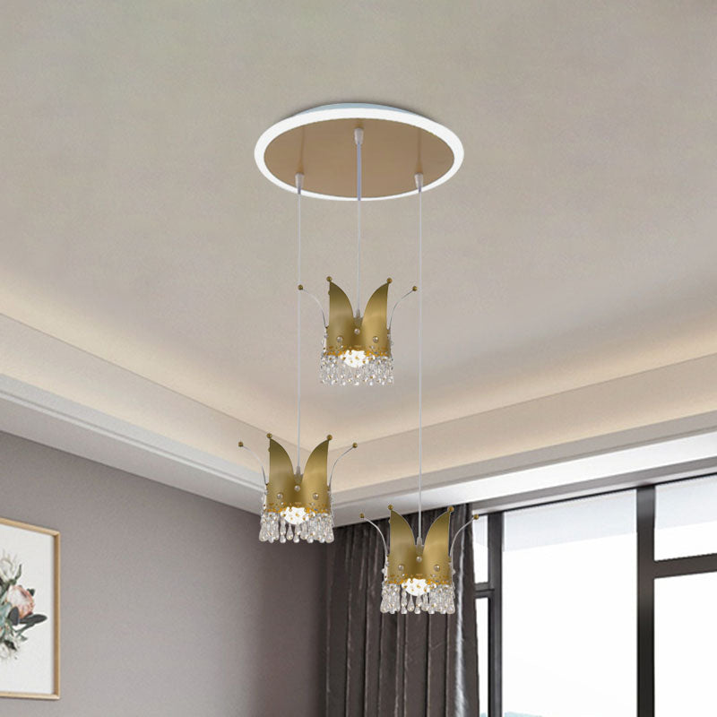 Contemporary Crown Cluster Pendant Iron 3 Heads Nursery Suspension Light in Gold with Crystal Drop