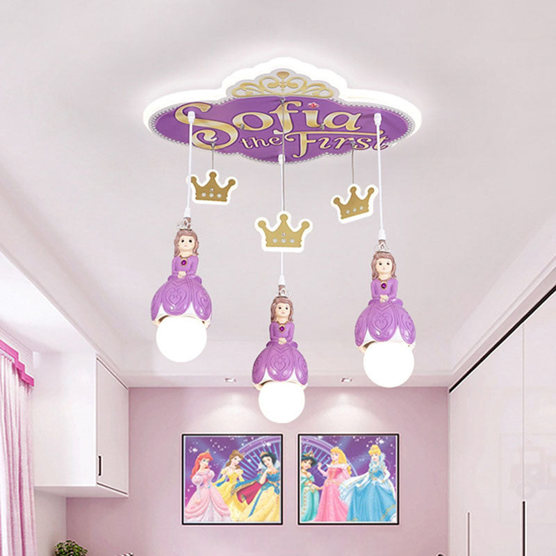 Purple Princess Crown Ceiling Light Cartoon 3 Heads Metal Cluster Pendant Lamp for Nursery