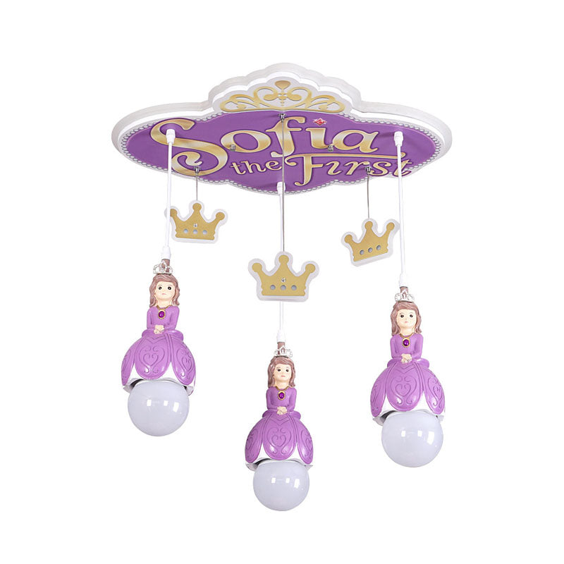 Purple Princess Crown Ceiling Light Cartoon 3 Heads Metal Cluster Pendant Lamp for Nursery