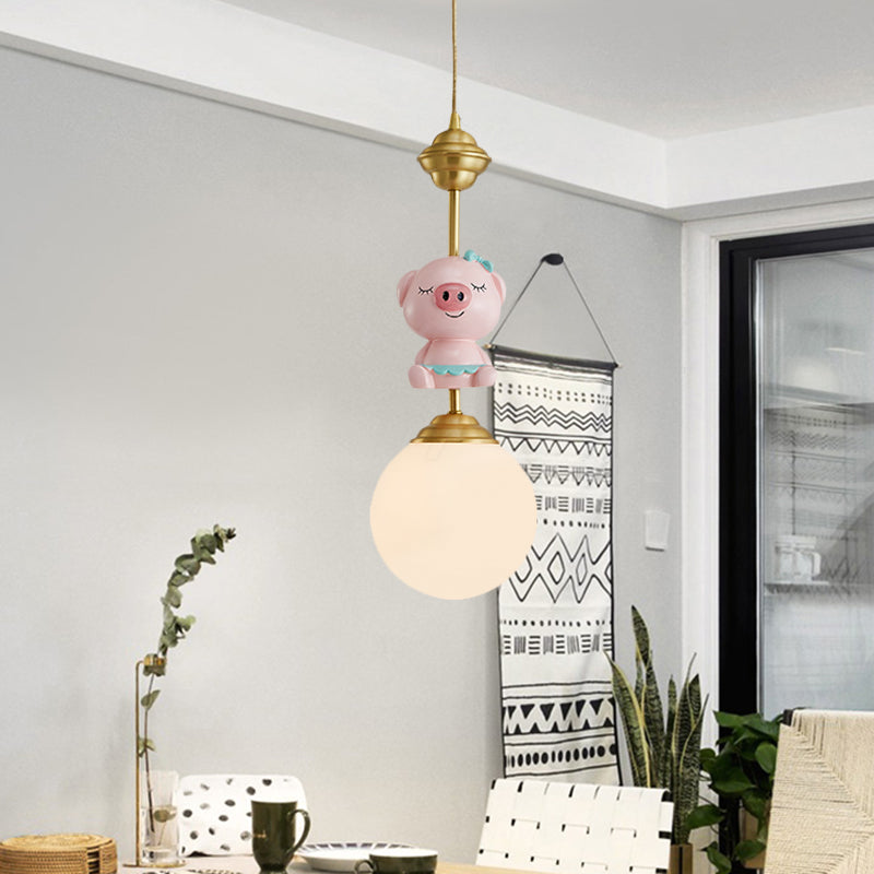 Resin Pig/Chicken/Snake Pendant Cartoon 1 Light Gold Hanging Light Fixture with Spherical Opal Glass Shade