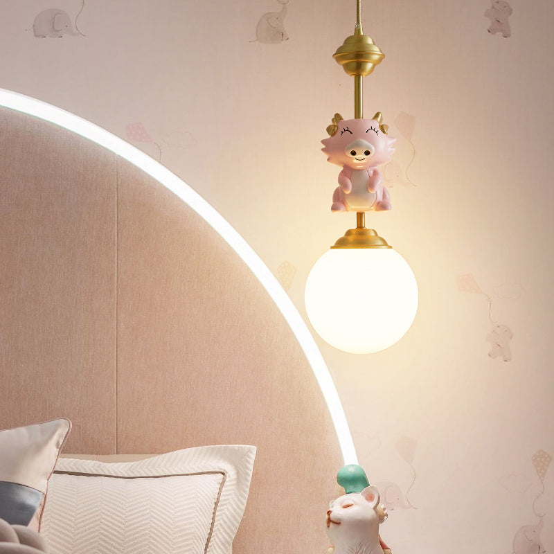 Resin Pig/Chicken/Snake Pendant Cartoon 1 Light Gold Hanging Light Fixture with Spherical Opal Glass Shade