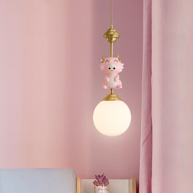 Resin Pig/Chicken/Snake Pendant Cartoon 1 Light Gold Hanging Light Fixture with Spherical Opal Glass Shade