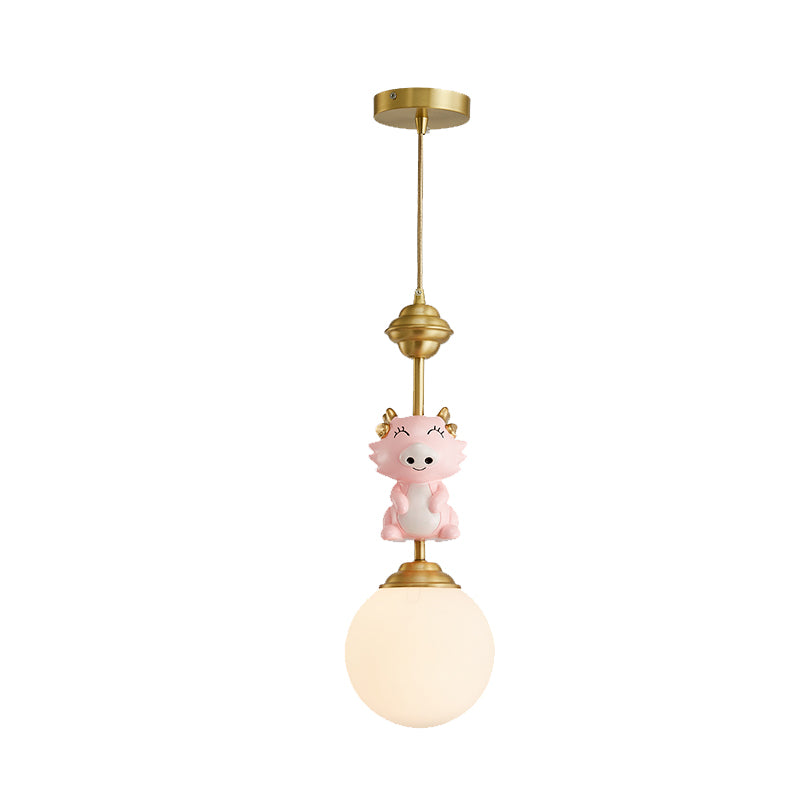 Resin Pig/Chicken/Snake Pendant Cartoon 1 Light Gold Hanging Light Fixture with Spherical Opal Glass Shade