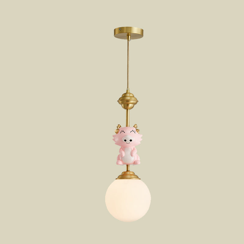 Resin Pig/Chicken/Snake Pendant Cartoon 1 Light Gold Hanging Light Fixture with Spherical Opal Glass Shade