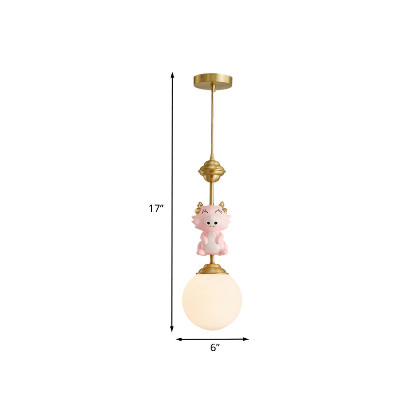 Resin Pig/Chicken/Snake Pendant Cartoon 1 Light Gold Hanging Light Fixture with Spherical Opal Glass Shade