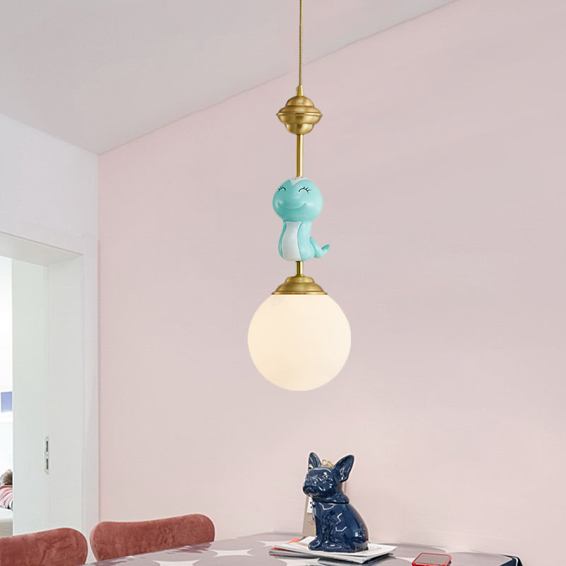 Resin Pig/Chicken/Snake Pendant Cartoon 1 Light Gold Hanging Light Fixture with Spherical Opal Glass Shade