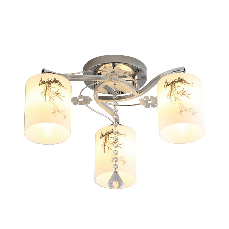 Minimal Cylindrical Semi-Flush Ceiling Light Frosted Glass 3 Lights Bedroom Flushmount in Chrome with Bamboo Pattern