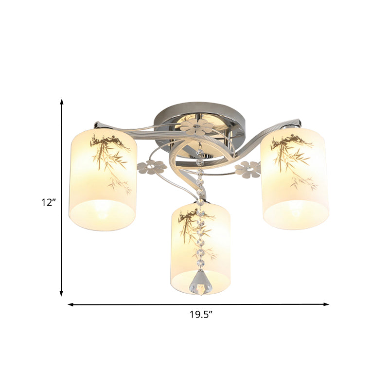 Minimal Cylindrical Semi-Flush plafond clair Verre givrée 3 lumières Chambre Flushmount en chrome avec motif en bambou