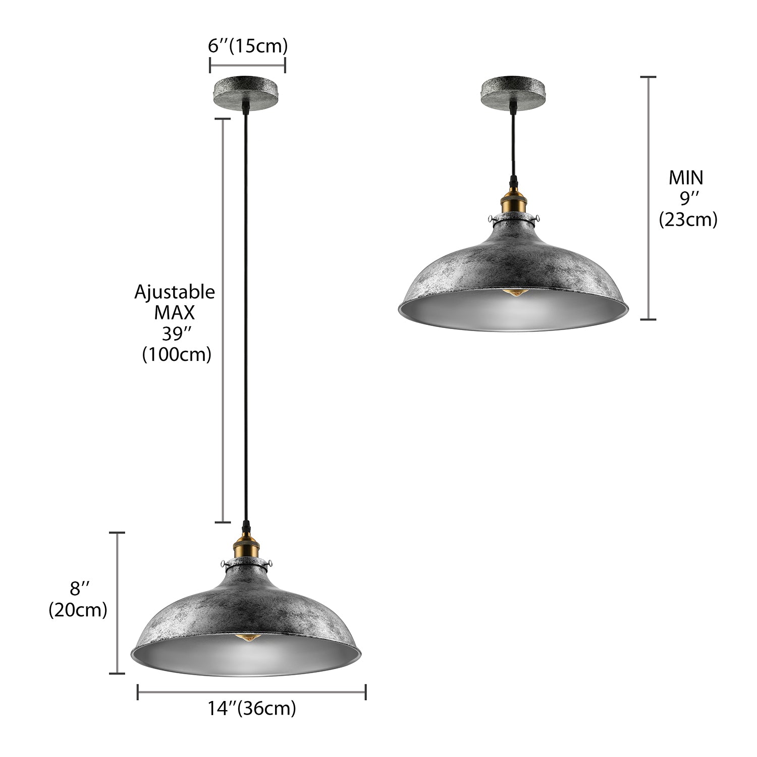 1 Light Dome Ceiling Light Antique Stylish Silver Gray Iron Hanging Ceiling Light with Cord for Living Room