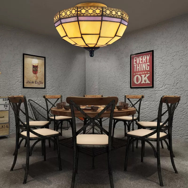 Mission Ceiling Light, Tiffany Style Semi Flush Mount Light with Stained Glass Geometric Shade