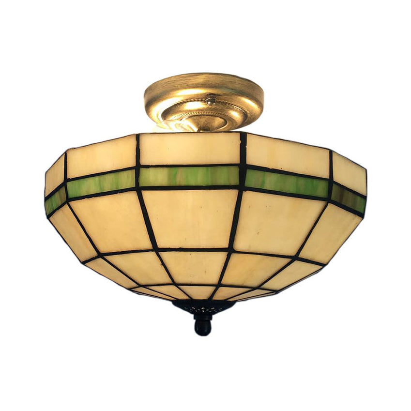 Mission Ceiling Light, Tiffany Style Semi Flush Mount Light with Stained Glass Geometric Shade