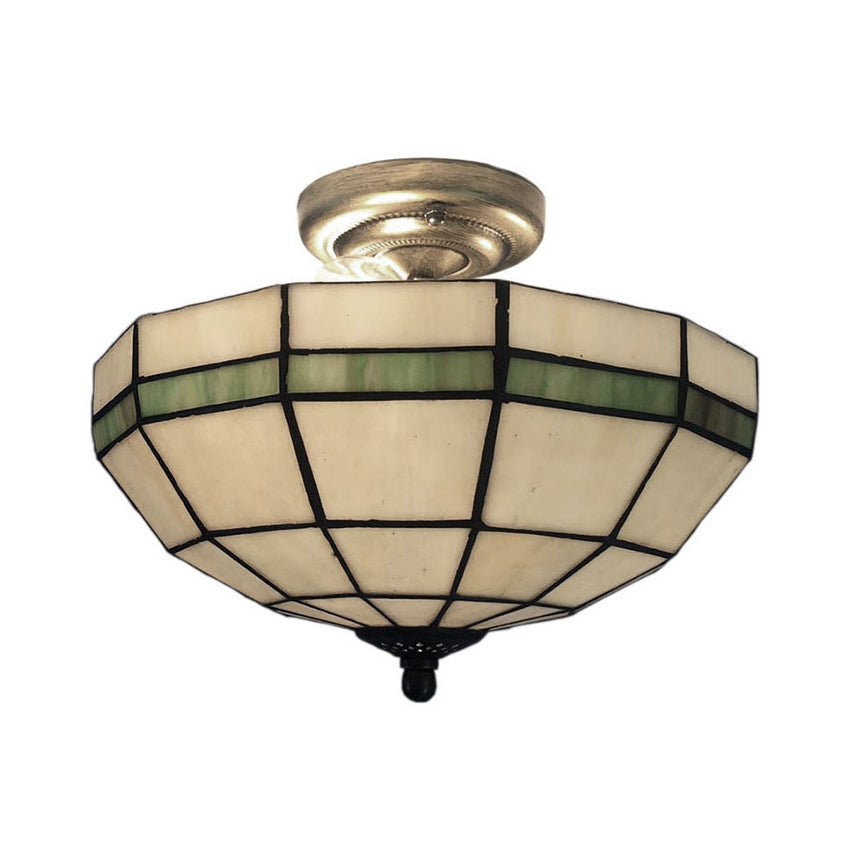 Mission Ceiling Light, Tiffany Style Semi Flush Mount Light with Stained Glass Geometric Shade