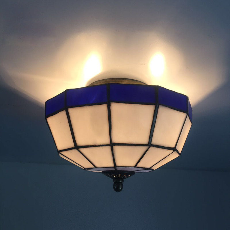 Mission Ceiling Light, Tiffany Style Semi Flush Mount Light with Stained Glass Geometric Shade